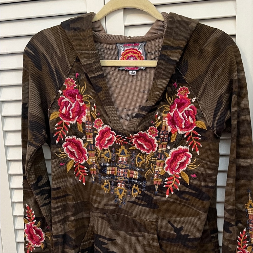 Johnny Was Floral Embroidered Camouflage Hoodie